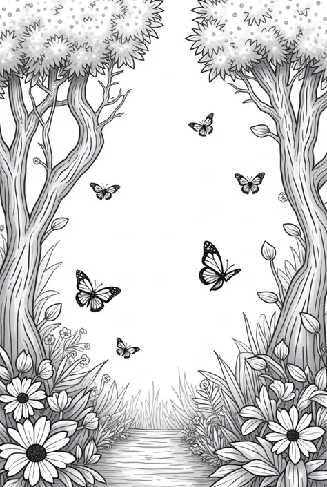 Forest with butterflies coloring pages in black and white for kids 
