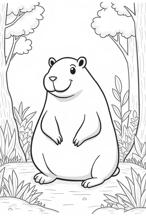 coloring pages capybara in the forest, style cartoon, linhas grossas, uncolored, white background, just traces