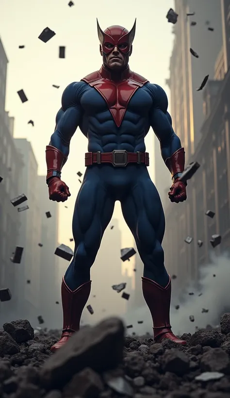 Magneto, wearing the blue uniform with the iconic red visor of Cyclops, stands firmly atop a pile of ruins, his body tense and muscles visible under the sharp rays of the setting sun. The camera captures him from a low angle, enhancing his authority and po...