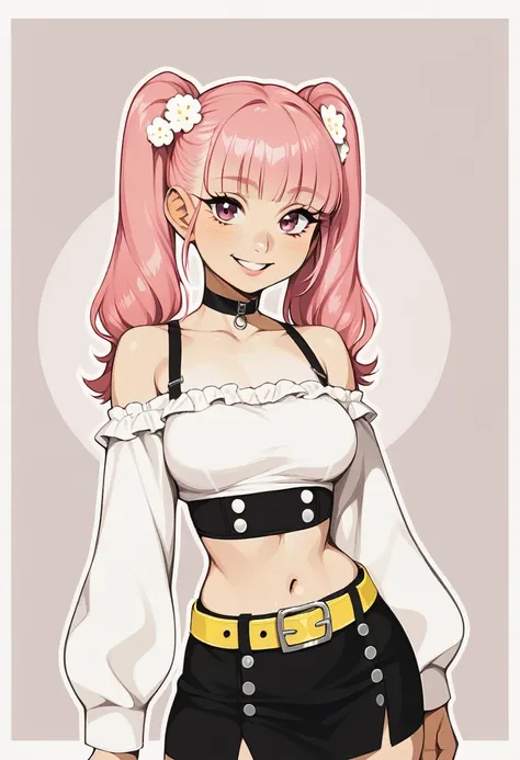 score_9, score_8_up, score_8, medium breasts, (curvy), cute, eyelashes,       BREAK, , zzCoral, pink hair, twintails, blunt bangs, hair ornament, belt, long sleeves, sleeves past fingers, black skirt, black choker, black crop top, bare shoulders, yellow be...