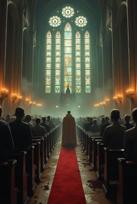 A CROWD OF THE UNDEAD WATCHING A CATHOLIC MASS ALONG WITH PEOPLE SITTING ON CHURCH PEWS LISTENING TO THE PRIEST SPEAK.