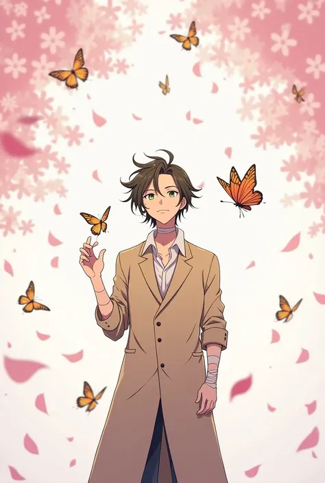 A picture with sakuras flying around and butterflies flying around, and in the middle of it Osamu Dazai from the Bungou Stray Dogs anime, smiling and holding a butterfly in his hand, wearing a long coat in a light brown tone, with the sleeves of his coat r...