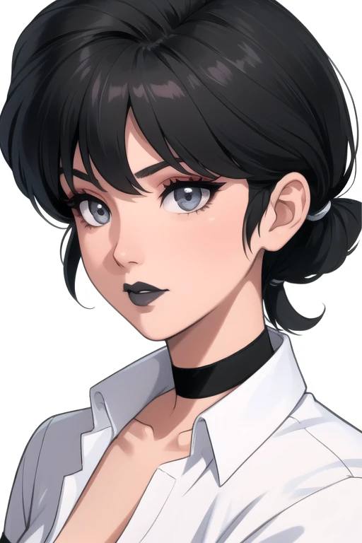 Ranma-chan. very short hair. choker. Grey eyes. black hair. black lips. All white tight shirt. a photo of a face in the vicinity. 
