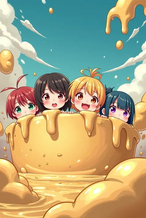 Boys and girls stuck inside a giant pool full of sticky dough with only their heads sticking out of the sticky dough anime version 