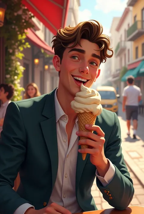 A young man eating ice cream (that is not animated)

