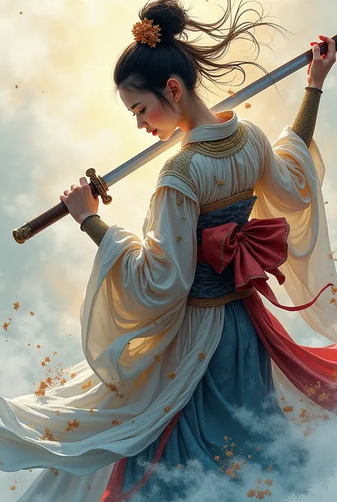 A golden-ratio composition of a beautiful Japanese woman dressed as an oiran, wearing armor and fighting in battle. The watercolor style emphasizes strong color bleeding, intense gradients, strong blurring, and soft edges. The image has a hand-painted feel...