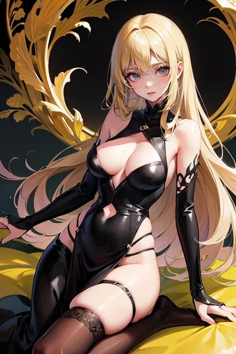 )a thin woman with long blonde hair, woman has green eyes, black sexy emo outfit) best quality, adorable, ultra-detailed, illustration, complex, detailed, extremely detailed, detailed face, soft light, soft focus, perfect face. illustration:full body