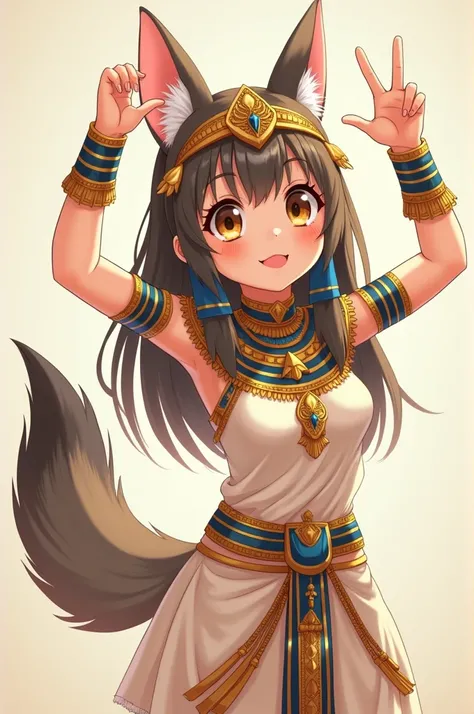 An anime style girl with a tail and wolf ears wearing an Egypt costume with her arms up 