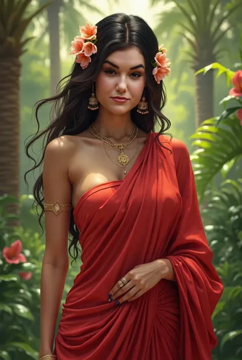 girl wearing traditional red saree topless , super sexy, high quality, coconut trees, flowers on hair, masterpiece, navel, abs