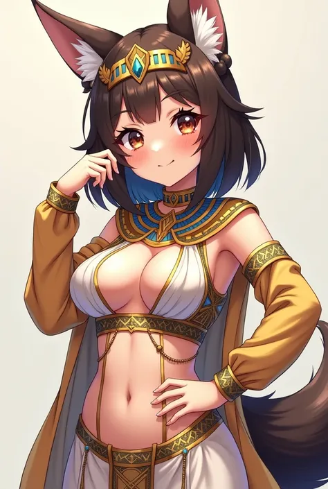 A very pretty anime style girl with a tail and wolf ears wearing an Egypt X-shaped shirt suit with one hand on her waist and the other near her face and medium-large breasts with holes