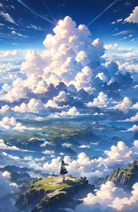 ((Amazingly absurd)),(masterpiece:1.2),超High resolution, Attention to detail, high quality, High resolution, 最high quality, 4K, 8k、so beautiful、landscape、landscape画、Endless Clouds、Girl floating in the clouds、Big fluffy cloud 、,、Big planet in the sky