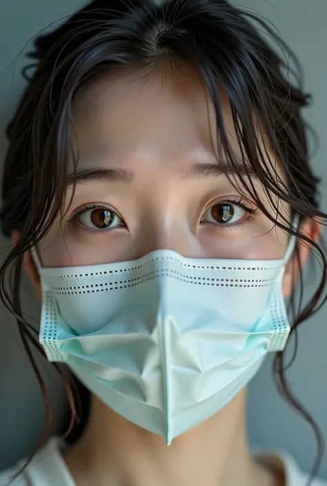 A Japanese woman in her 30s taking a selfie while wearing a mask
