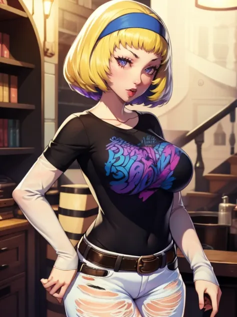 constance, purple eyes, headband, 1girl, solo, black t-shirt, white shirt, jeans, belt, lipstick, large breasts, layered sleeves...