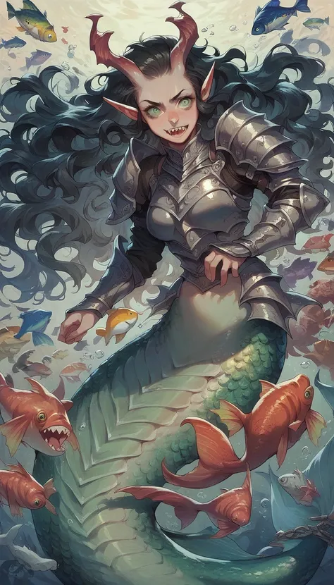 score_9, score_8_up, score_7_up, score_6_up, 1woman, long hair, black hair, wavy hair, green eyes, elf ears, sharp teeth, merfolk, mermaid, fish scales, demon horns, armor, knight, 