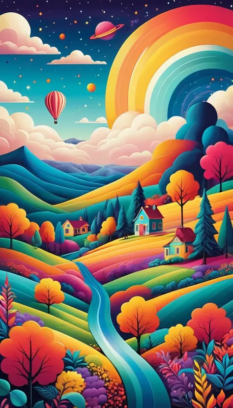 An paisaje alienígena bursting with vibrant colors and whimsical features would captivate the imagination in a POP Illustration. The scene would depict varios libros levitando, from within its leaves, Different binary and literary symbols emerge. The lands...