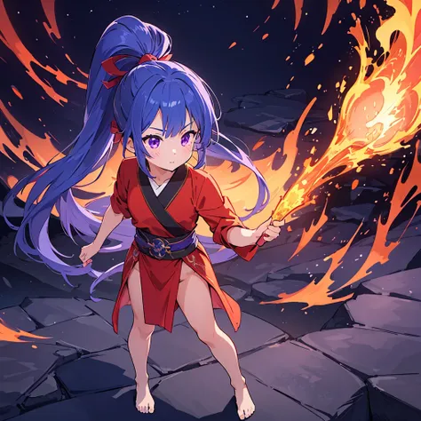 1girl, dark blue hair tied up in fire nation pin, purple eyes, wearing avatar fire nation outfit. barefoot. best quality, lookin...