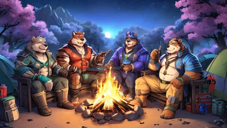 anthro, kemono, male, fantasy world, at night, camping, a team of 4 male,  wizard and hunter and warrior and thief, futuristic clothes, cyberpunk fantasy, mature, daddies, muscular, fox and bear and tiger and dog, sitting around the camp fire and talking a...