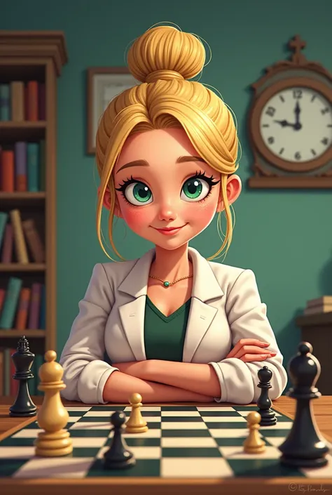 A cheerful and whimsical illustration of a woman with a cheerful expression, blonde with blue eyes, apparently 4, her green eyes are covered in strong and striking makeup, green eyes, light brown hair with blonde tied up, she is a chess teacher, sitting at...