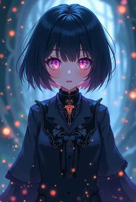 A short girl with short black hair and eyes that change color with her feelings, black clothes from a fantasy and magic world and is  in anime 