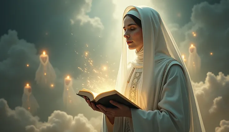 "Create an ethereal, ultra-realistic image of Saint Gertrude of Helfta, known for her mystical visions and prayers for the souls in purgatory. She should be depicted in a peaceful, prayerful posture, wearing a traditional nuns habit with delicate embroider...