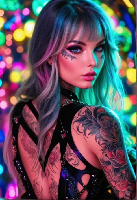 Create a hyper detailed photograph of a perfectly simetrical tattooed curved young sexy female, Stunningly perfect gorgeous feminine face, perfect makeup, detailed vibrant neon sapphire gray eyes, very long hair, Gentle facial curves, Fuller cheek bones, S...