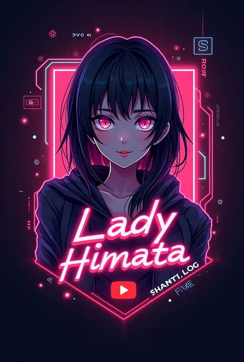 This is a gaming logo that features the "Lady Hinata" in a futuristic font and a neon pink or black colour and a anime girl avatar,the logo also has a stylized controller icon and a you tube play button in the background.The logo is designed to be attracti...