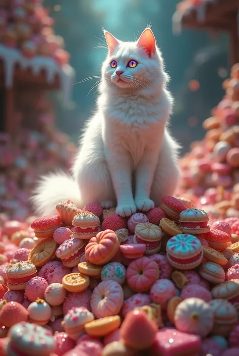 Huge, Buried in a sea of delicious looking sweets、Cute white cat　On top of the、Her eyes are a pale rainbow color.　Magical beauty