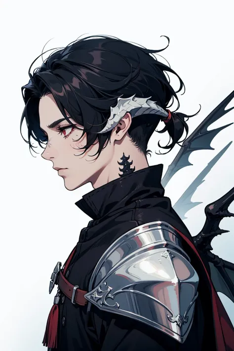 man, tall, dragon man, black horns, black scales, slick back hair, black hair, dragon tail, black, wings, armor, red eyes au ra,...