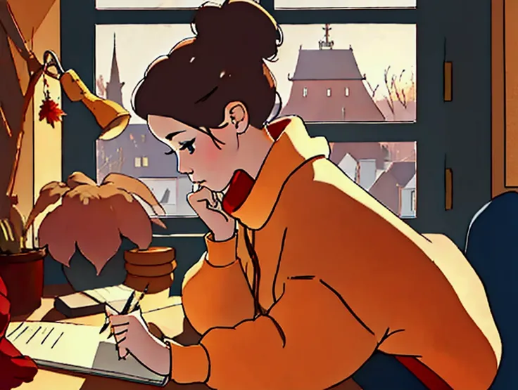 focused, messy bun, oversized beige sweater, denim shorts, red scarf, working on a computer, pencil in hand writing something in a notebook, casual pose, sitting at a desk, looking at the screen, indoor workspace, decorated with art, plants, and string lig...