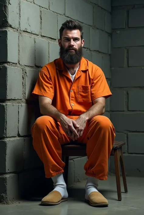 plain gray cinderblock wall), in prison cell, handsome bearded man is a prisoner in prison, wearing orange (prisoner uniform:1.5), (orange (prison coveralls)), bored expression, ((white socks)), tan foam slides slippers, ((full body portrait)), wide angle,...