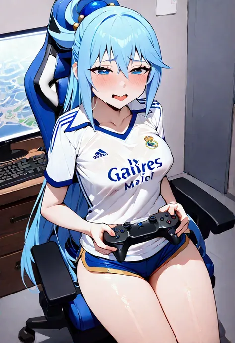 (best quality, artwork),sexually,  erotic, 18+, nsfw, 1 girl, 1 , dressed in the real madrid shirt, aqua de konosuba, 4k image q...