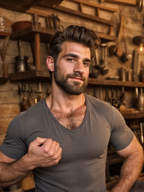 hair, portrait of a ruggedly handsome blacksmith, muscular, half body, masculine, mature, retrato de un joven, muscular very han...