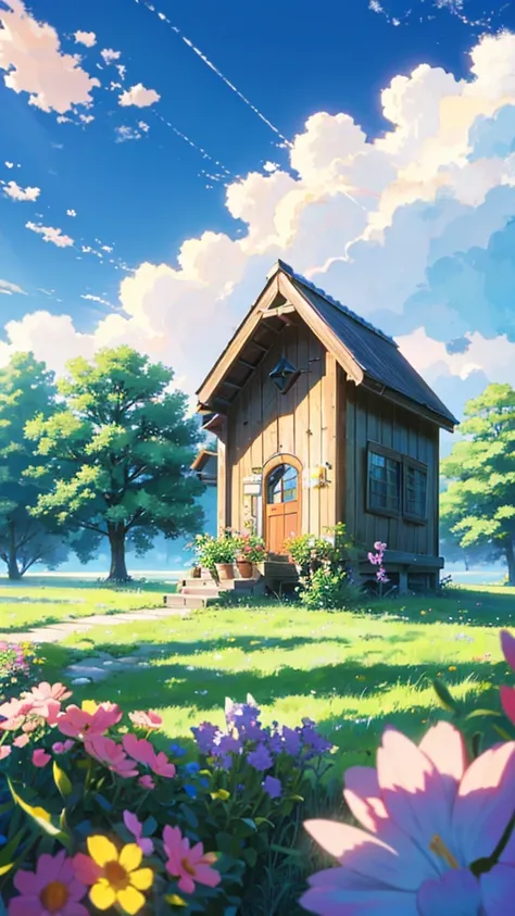 A cute little house stands in the middle of a meadow full of flowers.、butterfly々、colorful、Blue sky、cloud、High resolution, masterpiece, 最high quality, high quality、whole