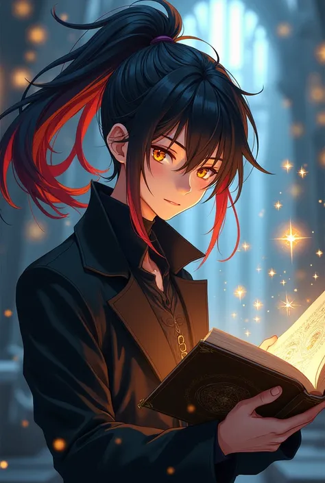 Raise a Male Teenager, in anime style With long black hair tied in a voluminous ponytail with several red streaks and almost golden yellow eyes, Reading a book about magic and wearing a black coat.