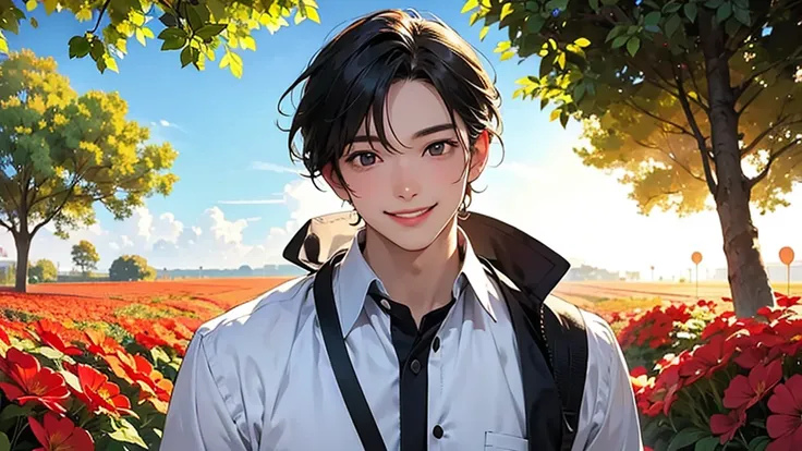 a young man walking through a vibrant field, sunlight illuminating his face as he smiles towards the horizon, representing his dreams and future.