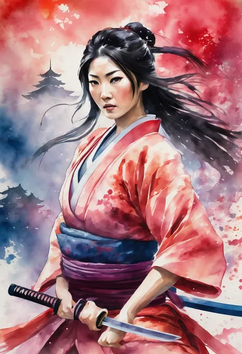 a close-up of a beautiful japanese woman as a princess, fighting as a ninja. the watercolor style emphasizes strong color bleedi...