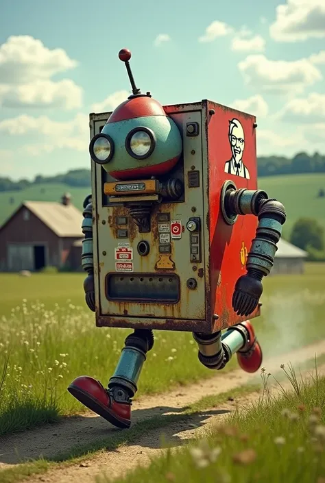 The vending machine has two arms and two legs and is running , robot ,Antique ,Kentucky Fried Chicken