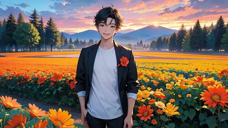 a young man standing in a vibrant field at dawn, the sky glowing with a brilliant sunrise, and flowers blooming more vibrantly t...