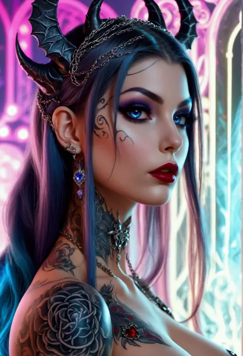 Create a hyper detailed photograph of a perfectly simetrical tattooed curved young sexy female goth vampire, Stunningly perfect gorgeous feminine face, perfect makeup, detailed vibrant neon sapphire gray eyes, very long hair, Gentle facial curves, Fuller c...