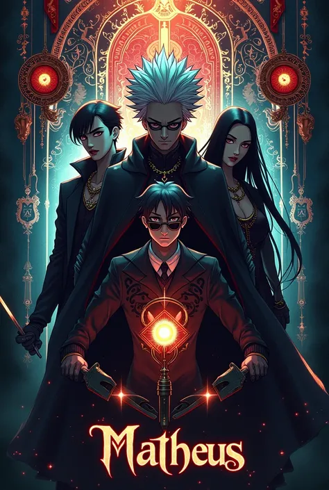 A cell phone wallpaper with members of the Phantom Troupe and Harry Potter symbols with the name Matheus spelled out