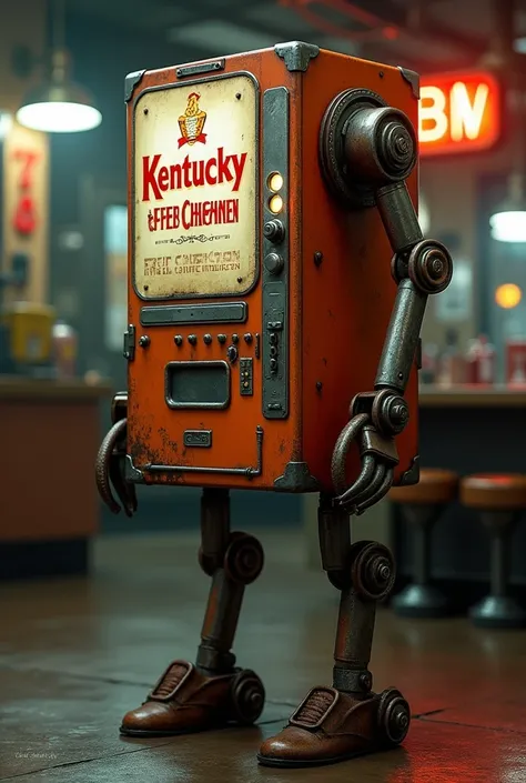 A vending machine has two arms and two legs , robot ,Antique ,Kentucky Fried Chicken