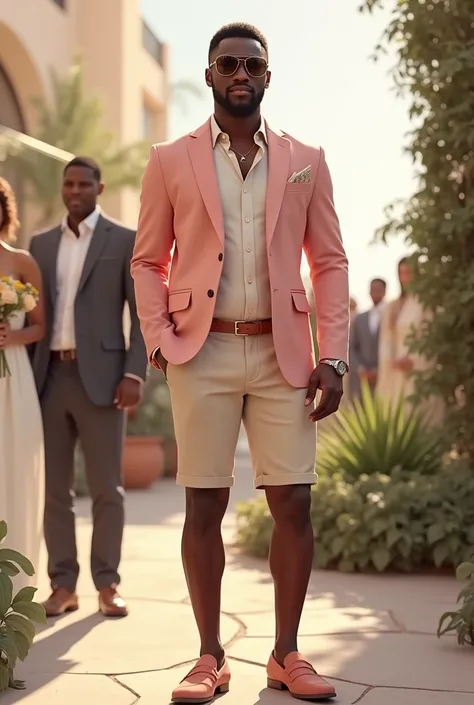 black male, forty years old very elegant sophisticated and modern, wearing a slim fit blazer with Italian cut by Armani, baby pink color and, short sleeve linen shirt in beige color, formal shorts in the same beige color and loafer style shoes in salmon co...