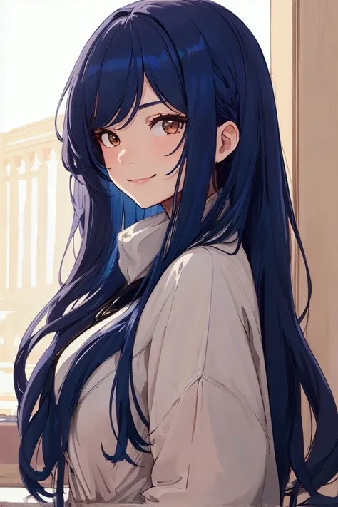 Masterpiece, best quality, 1girl, brown eyes, Russian spy, blue, hair, long hair, blue hair, solo, smile, closed mouth, flowing hair, flowing down more on one side