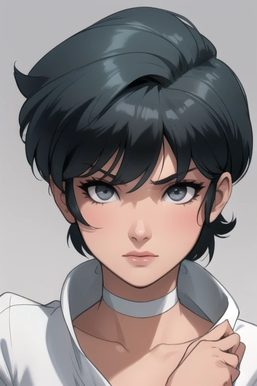 Ranma-chan. very short hair. choker. Grey eyes. black hair. All white tight shirt. Mad, a photo of a face in the vicinity. 
