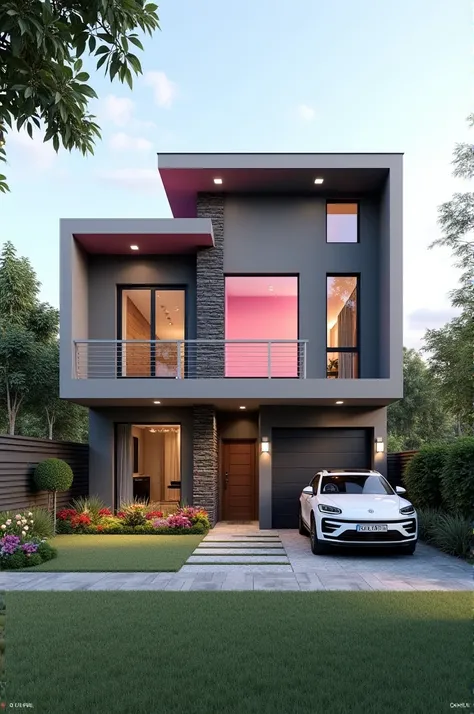 Facade of a modern two-story house, in gray and pink colors in perspective, with garage and car in front of the house, front door of the big house, and featured architectural element, with lawn around the house and flowers 