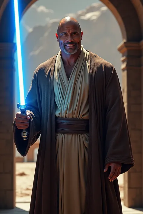 Dwayne Johnson smiling dressed as a classic Star Wars Jedi with his blue lightsaber looking at a camera in a doorway