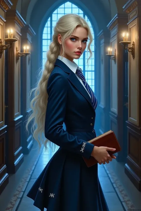 realistic oil painting, woman with European features, Long platinum blonde hair with lace in a perfect ponytail, blue eyes, porcelain white skin, reddish lips, rosy cheeks, look over his back, white jewels, wears school uniform, dark blue skirt and jacket,...