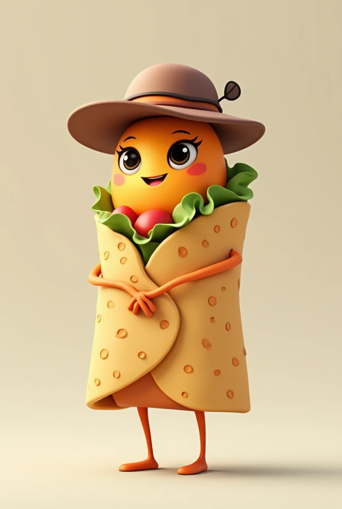 a standing burrito that have a hat 