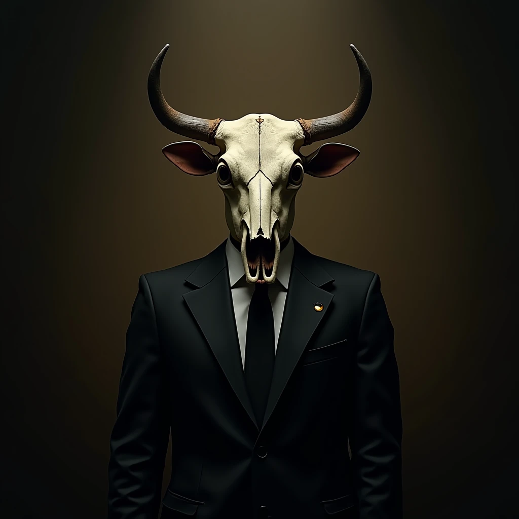 A man in a black suit and a bull&#39;s skull instead of a head, in a dark environment and a dim yellow light in the background, The image is from the waist up