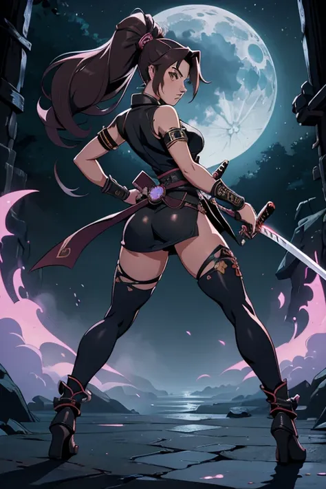 (masterpiece:1.2), (best quality,4k,8k,highres), (super-detailed), (disheveled hair), (illustration), (one girl), (full body), (fashionable ornate ninja outfit), (leather armlet), standing in a moonlit corridor at night, her body glowing with an aura illum...